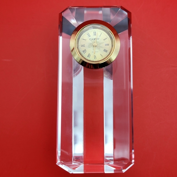 Desk Clock Crystal Cut Glass Paperweight Camry Gold Tone Triangular Column Nice! - Picture 3 of 12